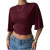 image:imageGORGLITTER Womens Dolman Short Sleeve Cinched Waist Tops Ruched Crew Neck Fitted Crop Tops Casual Going Out OutfitsBurgundy
