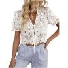 image:imageGORGLITTER Womens Floral Tie Front Short Sleeve Blouse Tops Dressy Casual Boho V Neck Eyelet Western Summer Crop TopsWhite