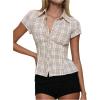 image:imageGORGLITTER Womens Gingham Button Down Shirts Y2K Short Sleeve Cinched Waist Tops Summer Lapel Collared Fitted BlousesApricot