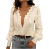 image:imageGORGLITTER Womens Lace Button Up Shirts Dressy Casual Sheer Bishop Long Sleeve Blouses Summer Tops Going Out OutfitsSolid Apricot