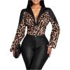 image:imageGORGLITTER Womens Leopard Print Blouse Ruched Deep V Neck Cheetah Bishop Long Sleeve Cropped Shirt Going Out TopsBrown