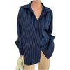 image:imageGORGLITTER Womens Oversized Striped Button Down Shirts Boyfriend Dressy Casual Long Sleeve Collared Work Blouses TopsDark Wash