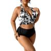 image:imageGORGLITTER Womens Plus Size Bow Halter Swimsuit Color Block High Waisted Thong Bikini Sets Tie Dye Bathing Suit 2025Black and White