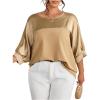image:imageGORGLITTER Womens Plus Size Going Out Tops Casual Work Metallic Short Sleeve Crew Neck Tunic T Shirts Blouses TopsKhaki