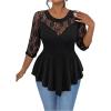 image:imageGORGLITTER Womens Plus Size Peplum Tops Sheer Mesh Lace Patchwork Tops Asymmetrical 34 Sleeve Crew Neck Tees ShirtBlack