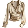 image:imageGORGLITTER Womens Satin Long Sleeve Blouse Button Down Ruched Cinched Waist Dressy Casual Business Work TopsKhaki