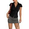 image:imageGORGLITTER Womens Striped Fitted Button Up Shirt Cropped Ruched Cap Sleeve Collar Work Office Blouse Dressy TopsBlack