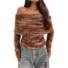 image:imageGORGLITTER Womens Striped Off The Shoulder Sweater Fuzzy Mohair Fall Fashion Fold Over Pullover TopsBrown Striped