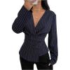 image:imageGORGLITTER Womens Striped Wrap Top Long Sleeve V Neck Dressy Casual Work Shirt Business Office BlouseDark Blue