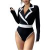 image:imageGORGLITTER Womens Wrap Blouse Bodysuit Collar V Neck Dressy Long Sleeve Business Casual Body Suits TopsBlack