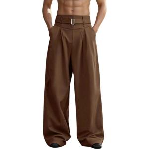 image:imageGORGLITTER Mens Baggy Dress Pants Wide Leg High Waisted Pleated Trousers Business Casual Slacks with PocketsCoffee Brown