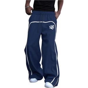 image:imageGORGLITTER Mens Wide Leg Baggy Sweatpants Y2K Graphic Zip Hem Casual Workout Athletic Trousers Track PantsDark Blue