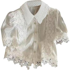 image:imageGORGLITTER Womens Floral Embroidered Blouse Eyelet Puff Short Sleeve Button Down Shirt Dressy Summer Casual Crop TopsWhite