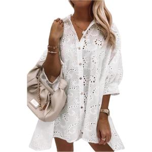image:imageGORGLITTER Womens Floral Eyelet Long Blouses Boho Oversized Long Sleeve Loose Button Up Shirt Trendy Fashion 2026White