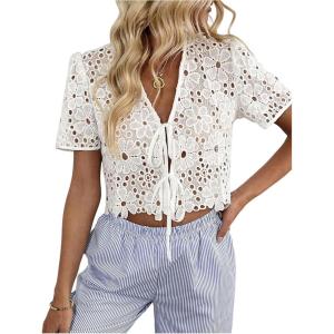 image:imageGORGLITTER Womens Floral Tie Front Short Sleeve Blouse Tops Dressy Casual Boho V Neck Eyelet Western Summer Crop TopsWhite