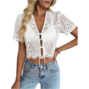 image:imageGORGLITTER Womens Floral Tie Front Short Sleeve Blouse Tops Dressy Casual Boho V Neck Eyelet Western Summer Crop TopsWhite Eyelet