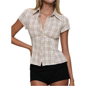 image:imageGORGLITTER Womens Gingham Button Down Shirts Y2K Short Sleeve Cinched Waist Tops Summer Lapel Collared Fitted BlousesApricot