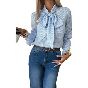 image:imageGORGLITTER Womens Gingham Button Up Shirts Bow Tie Neck Long Sleeve Blouse Tops Trendy Fall Work Office ShirtBlue