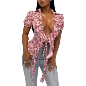 image:imageGORGLITTER Womens Gingham Tie Front Ruffle Tops Y2K Plaid Rave Plunging Deep V Neck Going Out BlousesRed