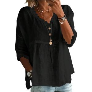 image:imageGORGLITTER Womens Lace 34 Sleeve Flowy Tunic Tops Dressy Loose Fit V Neck Eyelet Babydoll Peplum Top Peasant BlouseBlack