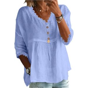 image:imageGORGLITTER Womens Lace 34 Sleeve Flowy Tunic Tops Dressy Loose Fit V Neck Eyelet Babydoll Peplum Top Peasant BlouseBlue