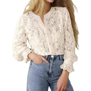 image:imageGORGLITTER Womens Lace Button Up Shirts Dressy Casual Sheer Bishop Long Sleeve Blouses Summer Tops Going Out OutfitsApricot