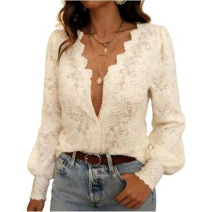 image:imageGORGLITTER Womens Lace Button Up Shirts Dressy Casual Sheer Bishop Long Sleeve Blouses Summer Tops Going Out OutfitsSolid Apricot