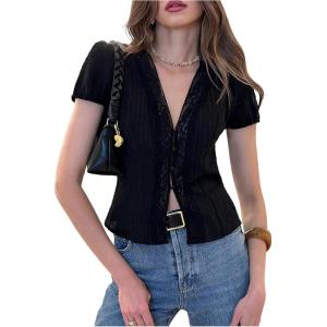 image:imageGORGLITTER Womens Lace Crop Tops Short Sleeve Cinched Waist V Neck Blouses Fitted Button Down Shirts DressyBlack