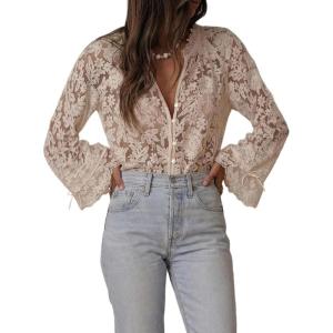 image:imageGORGLITTER Womens Lace Long Sleeve Tops Boho Peasant Ruffled Blouse Bell Long Sleeve Mesh Sheer Button Down ShirtApricot