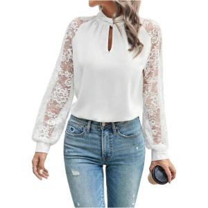 image:imageGORGLITTER Womens Lace Party Tops Long Sleeve Dressy 2026 Sexy Business Work Casual Going Out Blouse ShirtWhite