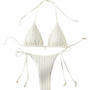 image:imageGORGLITTER Womens Lace Thong Bikini Set Cute Halter Triangle String Two Piece Swimsuit Tie Side High Cut Bathing SuitBeige