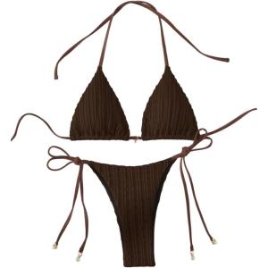 image:imageGORGLITTER Womens Lace Thong Bikini Set Cute Halter Triangle String Two Piece Swimsuit Tie Side High Cut Bathing SuitChocolate Brown
