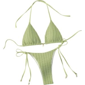 image:imageGORGLITTER Womens Lace Thong Bikini Set Cute Halter Triangle String Two Piece Swimsuit Tie Side High Cut Bathing SuitGreen