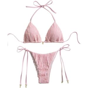 image:imageGORGLITTER Womens Lace Thong Bikini Set Cute Halter Triangle String Two Piece Swimsuit Tie Side High Cut Bathing SuitPink Light