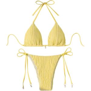 image:imageGORGLITTER Womens Lace Thong Bikini Set Cute Halter Triangle String Two Piece Swimsuit Tie Side High Cut Bathing SuitYellow