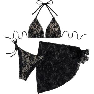 image:imageGORGLITTER Womens Lace Thong Bikini Sets Halter Triangle String Swimsuits 3 Piece Bathing Suit with Sarong CoverupsBlack