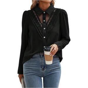 image:imageGORGLITTER Womens Lace Top Long Sleeve Button Down Shirt Mesh Collared Dressy Casual Blouse TopsBlack