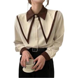 image:imageGORGLITTER Womens Lapel Button Up Structured Tops Long Sleeve Pointed Collard Business Casual Office Dress Blouse ShirtApricot