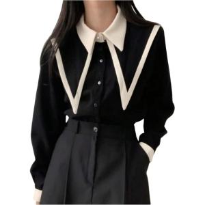 image:imageGORGLITTER Womens Lapel Button Up Structured Tops Long Sleeve Pointed Collard Business Casual Office Dress Blouse ShirtBlack