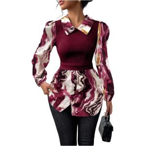 image:imageGORGLITTER Womens Long Sleeve Peplum Tops Blouse Dressy Casual Button Down Collared Shirts Fall Teacher Baby Doll TopsBurgundy Marble
