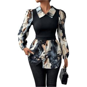 image:imageGORGLITTER Womens Long Sleeve Peplum Tops Blouse Dressy Casual Button Down Collared Shirts Fall Teacher Baby Doll TopsMulticolor