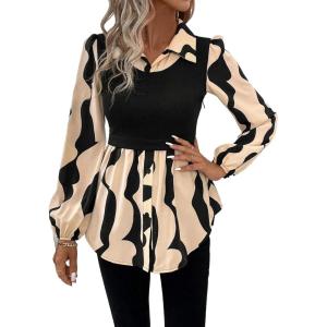 image:imageGORGLITTER Womens Long Sleeve Peplum Tops Blouse Dressy Casual Button Down Collared Shirts Fall Teacher Baby Doll TopsStriped Black