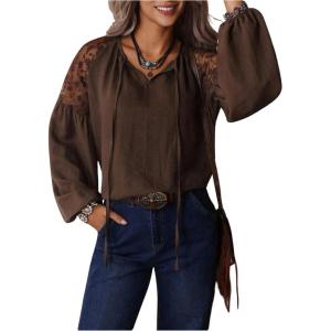 image:imageGORGLITTER Womens Mesh Lantern Long Sleeve Tops Blouse Dressy Casual Fall Work Business Shirt Western Cowgirl OutfitsCoffee Brown
