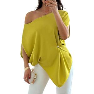 image:imageGORGLITTER Womens Off The Shoulder Asymmetrical Tops Dressy Dolman Sleeve Ruched Going Out Blouse Poncho ShirtsGreen