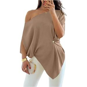 image:imageGORGLITTER Womens Off The Shoulder Asymmetrical Tops Dressy Dolman Sleeve Ruched Going Out Blouse Poncho ShirtsKhaki