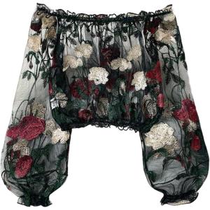 image:imageGORGLITTER Womens Off The Shoulder Embroidered Floral Tops Trendy Mesh Sheer Bishop Sleeve Boho Cropped Blouses ShirtBlack