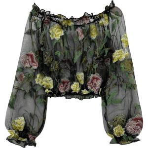 image:imageGORGLITTER Womens Off The Shoulder Embroidered Floral Tops Trendy Mesh Sheer Bishop Sleeve Boho Cropped Blouses ShirtGreen