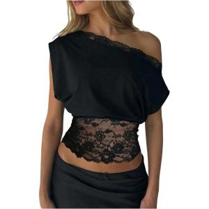 image:imageGORGLITTER Womens Off The Shoulder Lace Tops Asymmetrical Cinched Waist Date Night Party Crop BlouseBlack