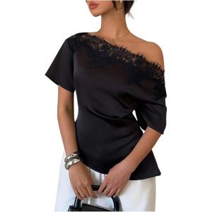 image:imageGORGLITTER Womens Off The Shoulder Satin Tops Lace Trim Short Dolman Sleeve Asymmetrical Date Night Blouse ShirtsBlack