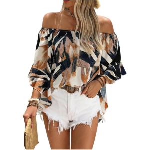 image:imageGORGLITTER Womens Off The Shoulder Tops Boho Asymmetrical 34 Sleeve Ruffle Colorful Blouses Shirt Tops Dressy CasualBlack
